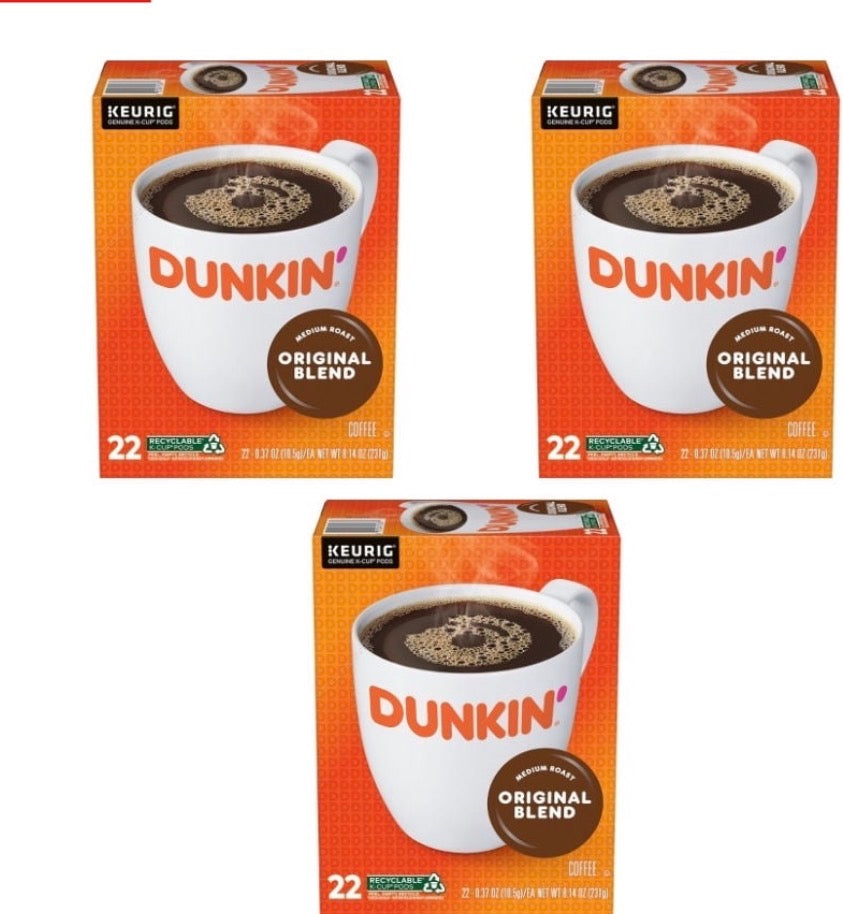 3 Pack Dunkin’ Donuts 22ct k-cups original blend coffee
